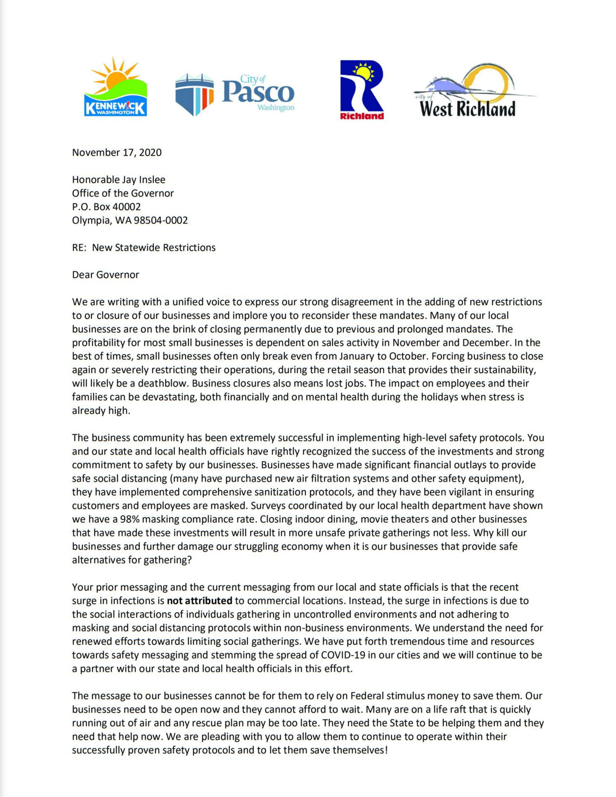 FULL Local Mayors send letter to Governor regarding new COVID restrictions
